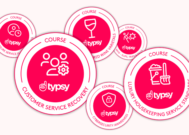 Digital hospitality course badges representing verified skills and professional certifications