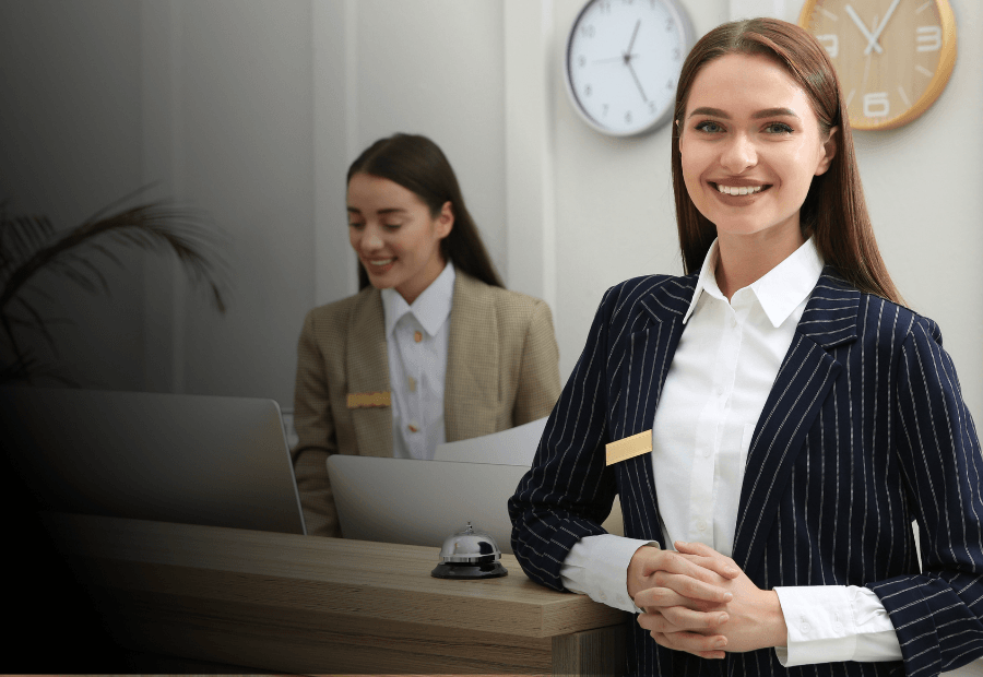 Hotel reception team using guest feedback and operational insights to improve workforce performance